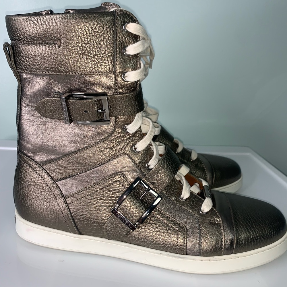 New Jimmy Choo Metallic Grey Leather Ankle Length Boots Size 39.5